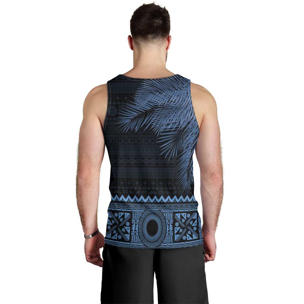 Fiji Palm Leaves Men Tank Top Masi and Tapa Tribal Pattern Blue Color LT03 - Polynesian Pride