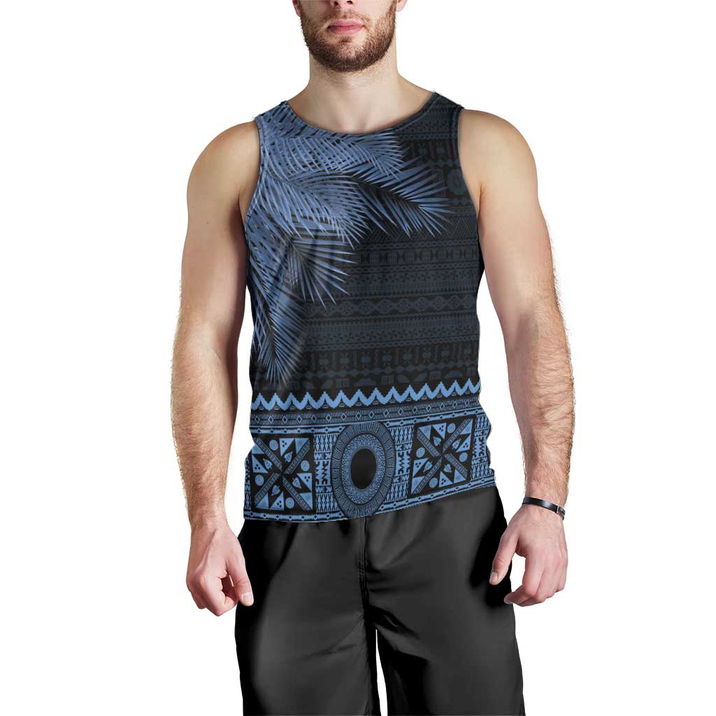 Fiji Palm Leaves Men Tank Top Masi and Tapa Tribal Pattern Blue Color LT03 - Polynesian Pride