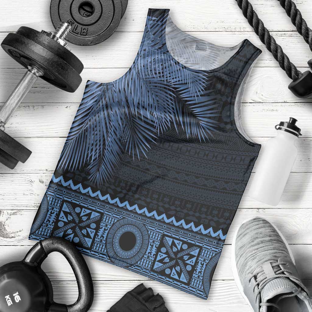 Fiji Palm Leaves Men Tank Top Masi and Tapa Tribal Pattern Blue Color LT03 - Polynesian Pride