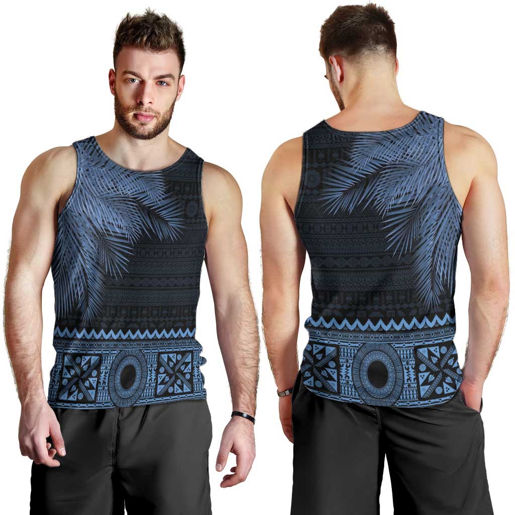 Fiji Palm Leaves Men Tank Top Masi and Tapa Tribal Pattern Blue Color LT03 - Polynesian Pride