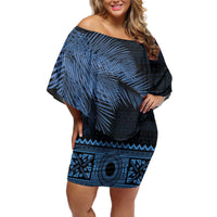 Fiji Palm Leaves Off Shoulder Short Dress Masi and Tapa Tribal Pattern Blue Color LT03 Women Blue - Polynesian Pride