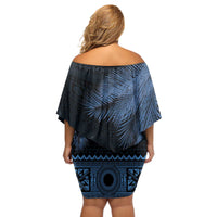 Fiji Palm Leaves Off Shoulder Short Dress Masi and Tapa Tribal Pattern Blue Color LT03 - Polynesian Pride