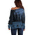 Fiji Palm Leaves Off Shoulder Sweater Masi and Tapa Tribal Pattern Blue Color