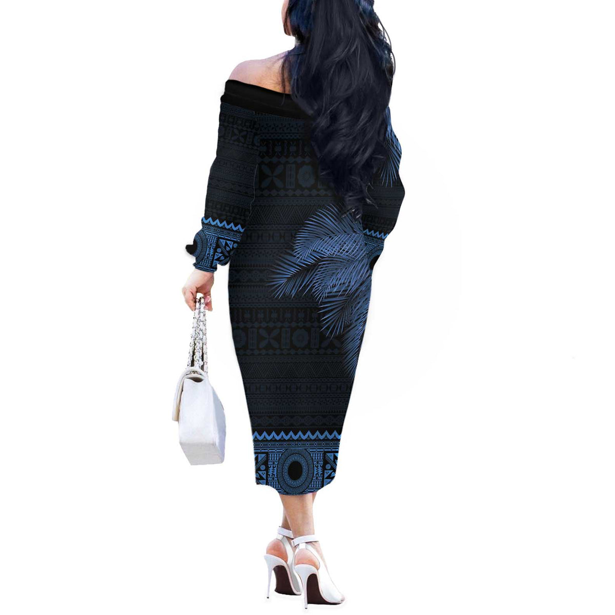 Fiji Palm Leaves Off The Shoulder Long Sleeve Dress Masi and Tapa Tribal Pattern Blue Color LT03 - Polynesian Pride