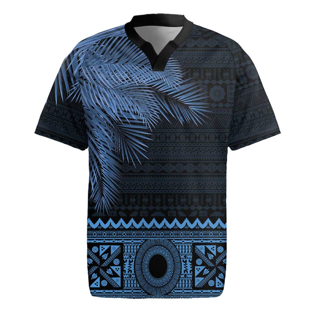 Fiji Palm Leaves Rugby Jersey Masi and Tapa Tribal Pattern Blue Color LT03 Blue - Polynesian Pride