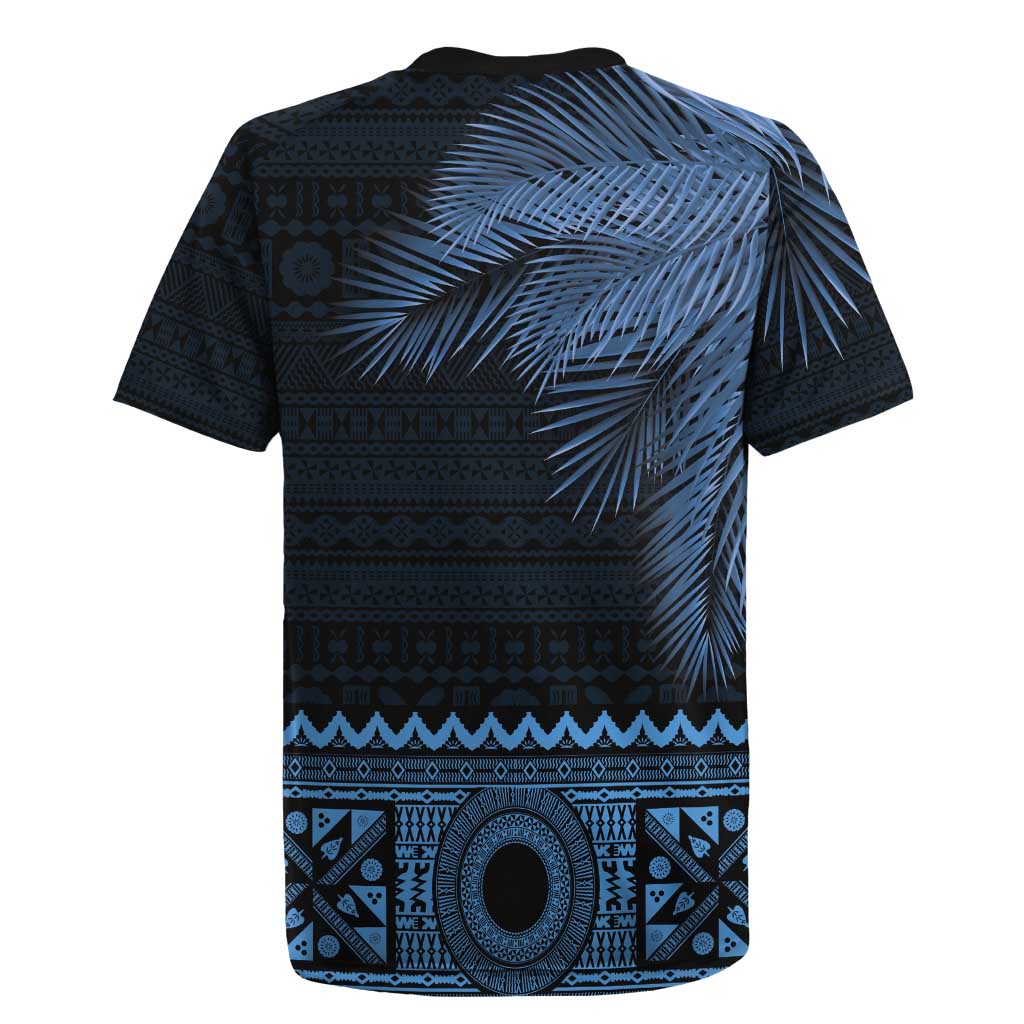 Fiji Palm Leaves Rugby Jersey Masi and Tapa Tribal Pattern Blue Color LT03 - Polynesian Pride