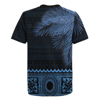Fiji Palm Leaves Rugby Jersey Masi and Tapa Tribal Pattern Blue Color LT03 - Polynesian Pride