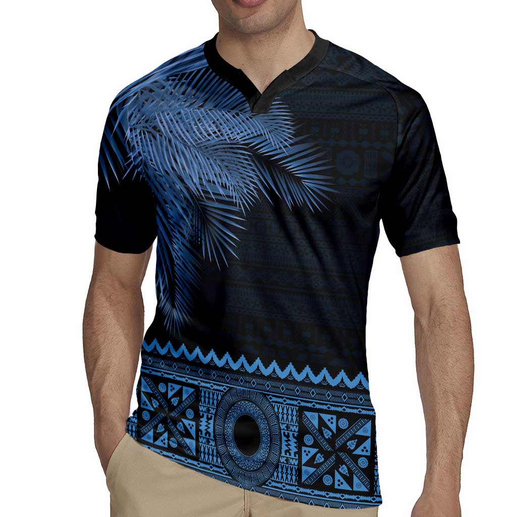 Fiji Palm Leaves Rugby Jersey Masi and Tapa Tribal Pattern Blue Color LT03 - Polynesian Pride
