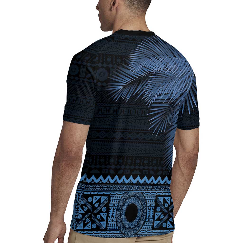 Fiji Palm Leaves Rugby Jersey Masi and Tapa Tribal Pattern Blue Color LT03 - Polynesian Pride