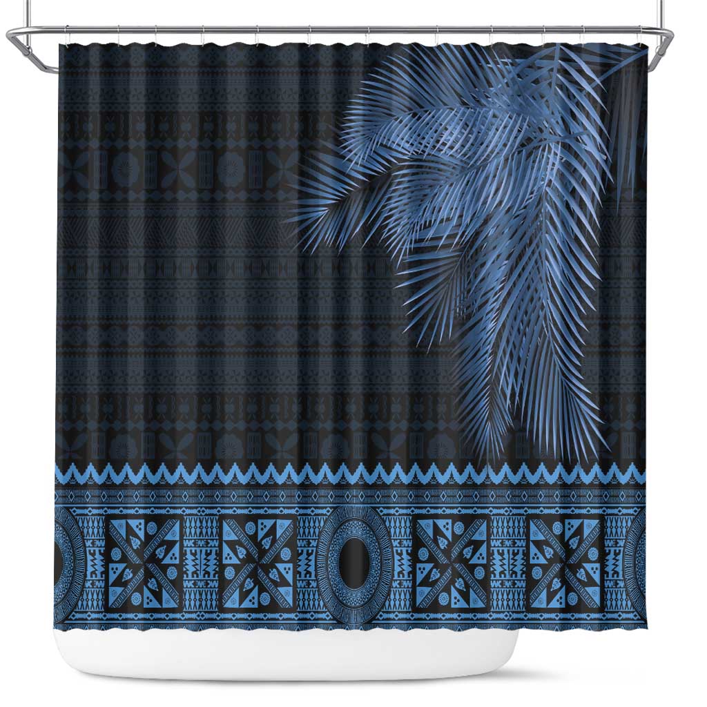 Fiji Palm Leaves Shower Curtain Masi and Tapa Tribal Pattern Blue Color