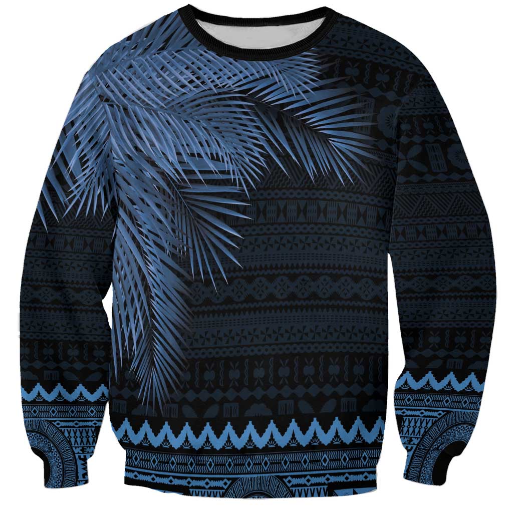 Fiji Palm Leaves Sweatshirt Masi and Tapa Tribal Pattern Blue Color LT03 Unisex Blue - Polynesian Pride