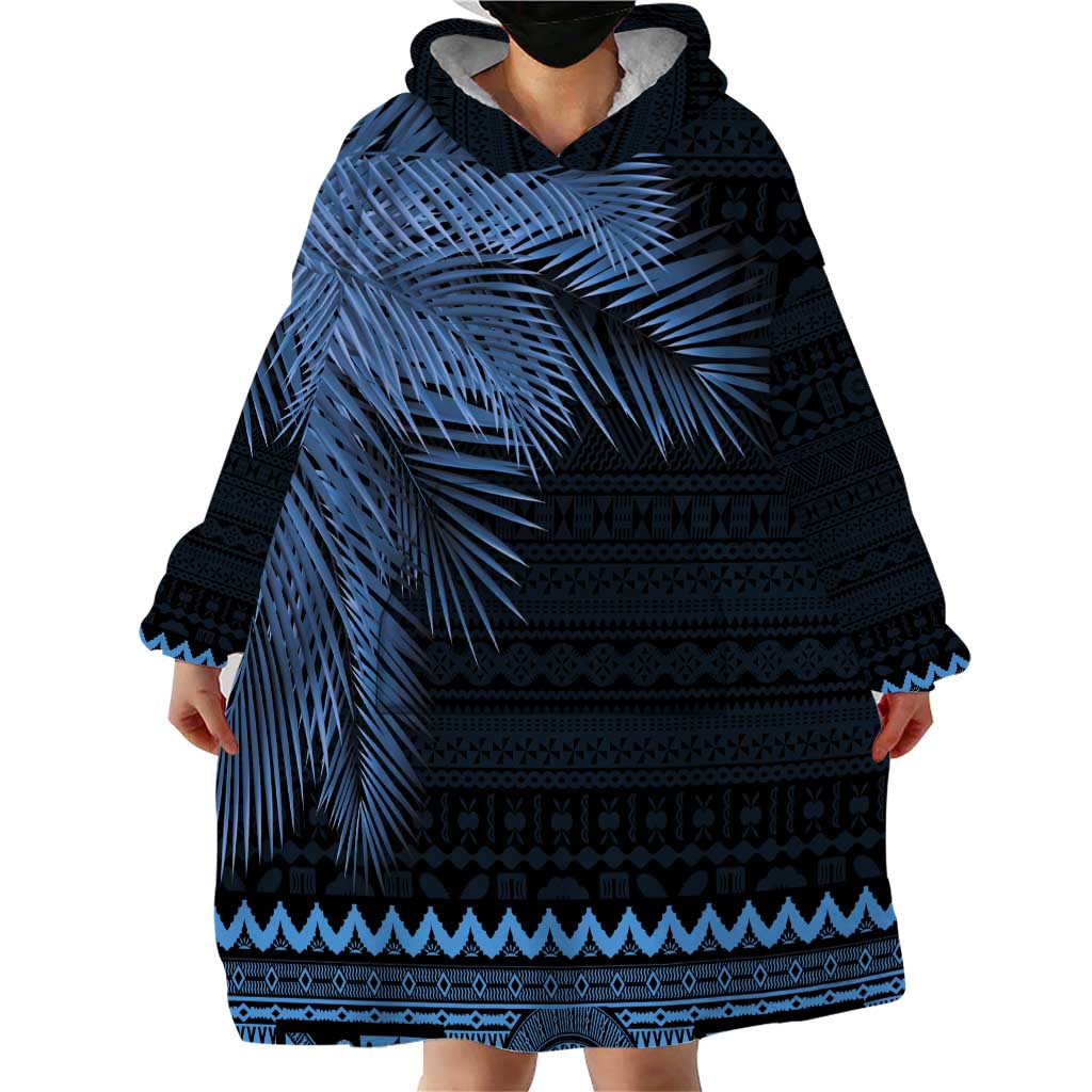 Fiji Palm Leaves Wearable Blanket Hoodie Masi and Tapa Tribal Pattern Blue Color LT03 - Polynesian Pride