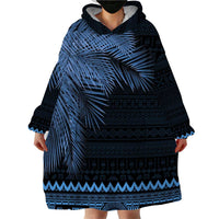 Fiji Palm Leaves Wearable Blanket Hoodie Masi and Tapa Tribal Pattern Blue Color LT03 - Polynesian Pride