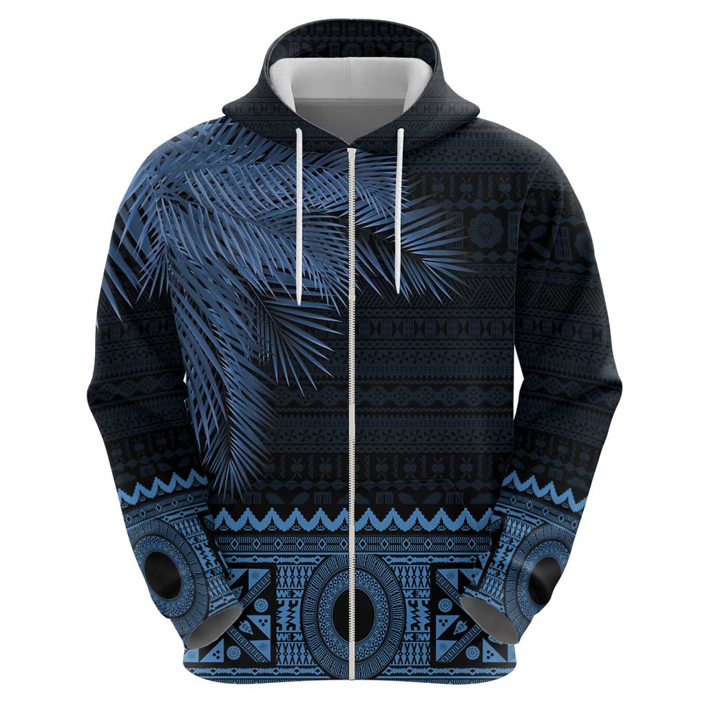 Fiji Palm Leaves Zip Hoodie Masi and Tapa Tribal Pattern Blue Color LT03 - Polynesian Pride
