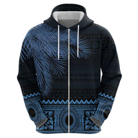 Fiji Palm Leaves Zip Hoodie Masi and Tapa Tribal Pattern Blue Color LT03 - Polynesian Pride