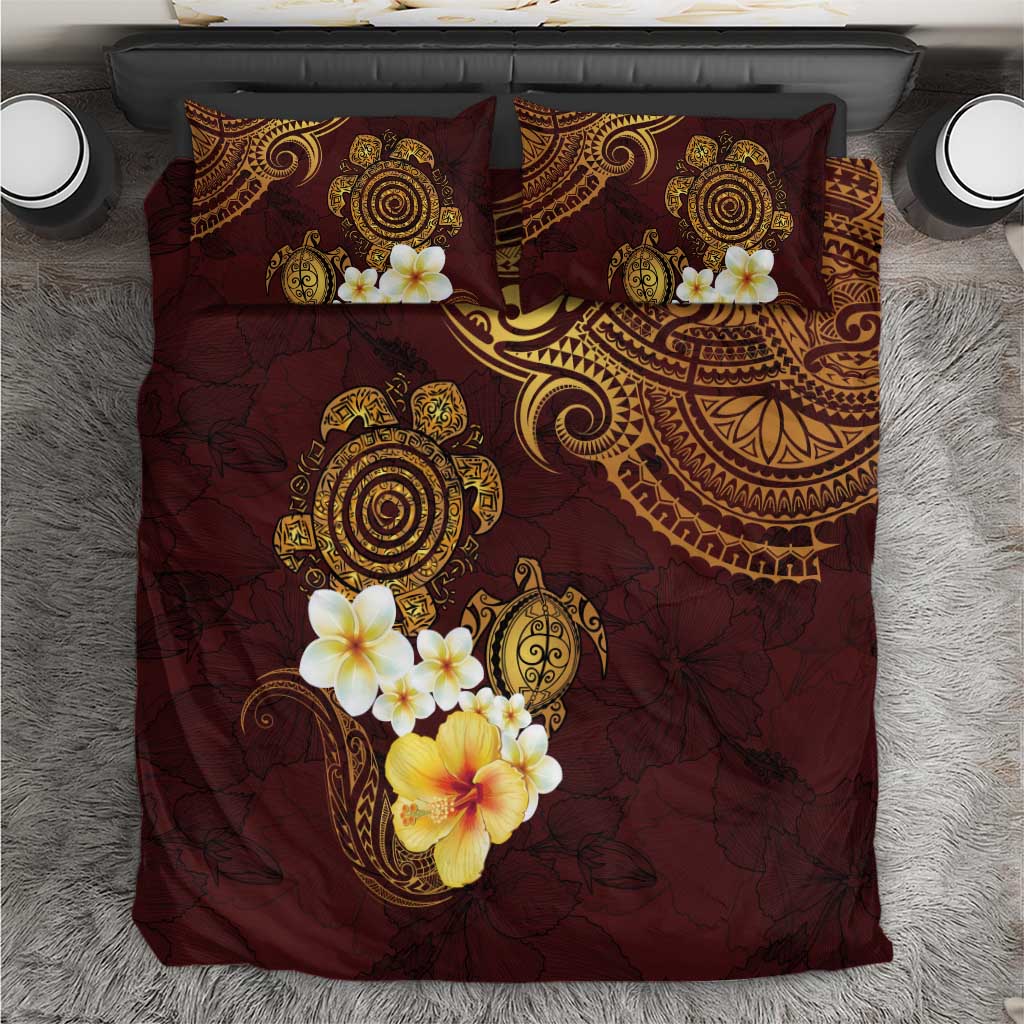 Polynesian Turtle Bedding Set Plumeria Hibiscus Pattern Oxblood