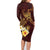 Polynesian Turtle Family Matching Long Sleeve Bodycon Dress and Hawaiian Shirt Plumeria Hibiscus Pattern Oxblood