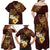 Polynesian Turtle Family Matching Off Shoulder Maxi Dress and Hawaiian Shirt Plumeria Hibiscus Pattern Oxblood