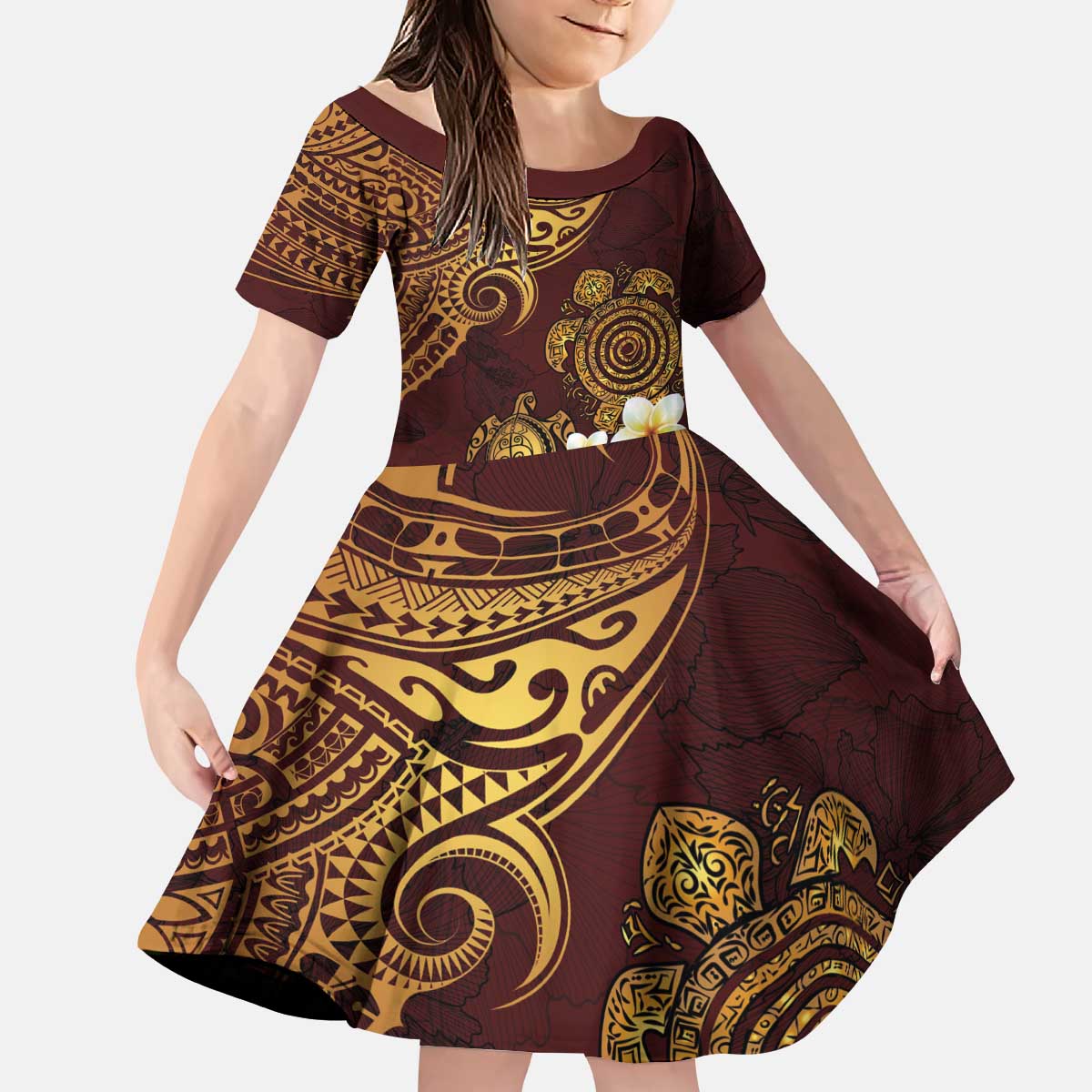Polynesian Turtle Kid Short Sleeve Dress Plumeria Hibiscus Pattern Oxblood LT03 KID Oxblood - Polynesian Pride