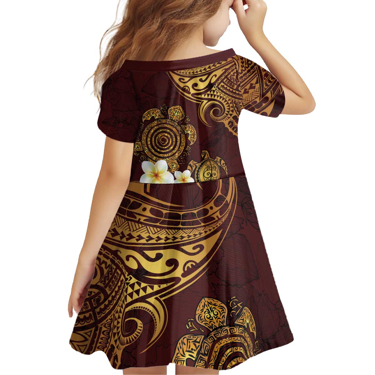 Polynesian Turtle Kid Short Sleeve Dress Plumeria Hibiscus Pattern Oxblood LT03 - Polynesian Pride