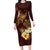 Polynesian Turtle Long Sleeve Bodycon Dress Plumeria Hibiscus Pattern Oxblood