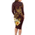 Polynesian Turtle Long Sleeve Bodycon Dress Plumeria Hibiscus Pattern Oxblood