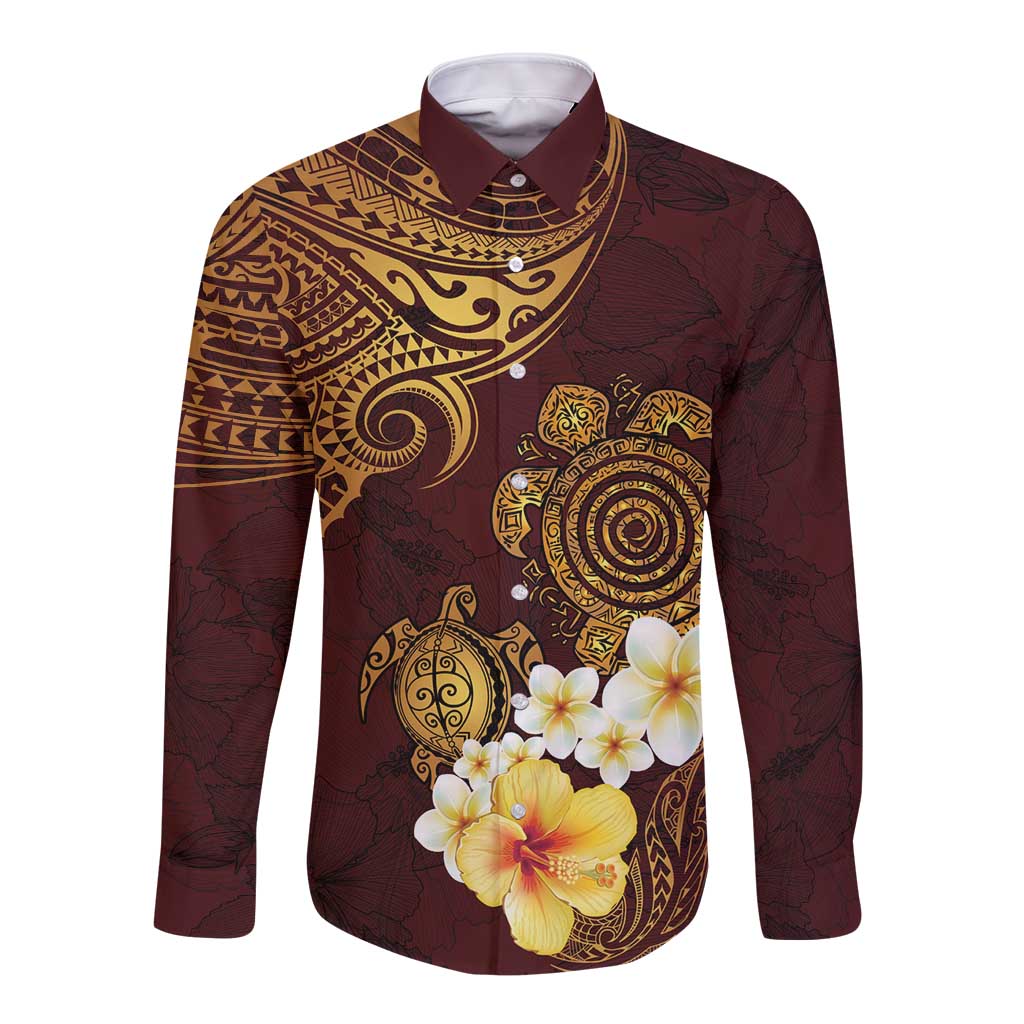 Polynesian Turtle Long Sleeve Button Shirt Plumeria Hibiscus Pattern Oxblood LT03 Unisex Oxblood - Polynesian Pride
