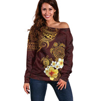 Polynesian Turtle Off Shoulder Sweater Plumeria Hibiscus Pattern Oxblood LT03 Women Oxblood - Polynesian Pride