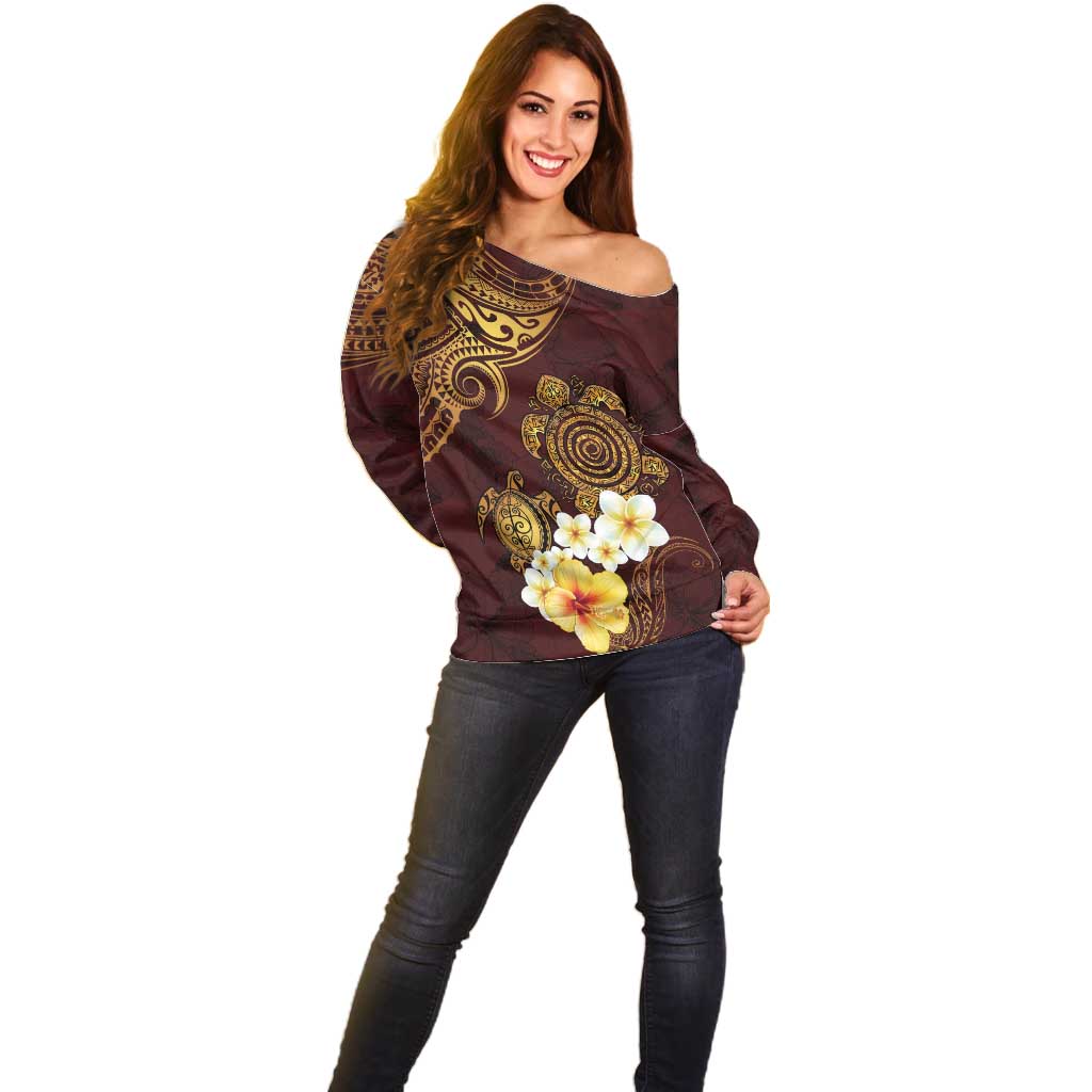 Polynesian Turtle Off Shoulder Sweater Plumeria Hibiscus Pattern Oxblood LT03 - Polynesian Pride