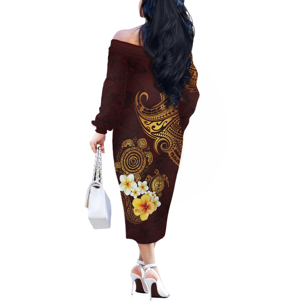 Polynesian Turtle Off The Shoulder Long Sleeve Dress Plumeria Hibiscus Pattern Oxblood LT03 - Polynesian Pride