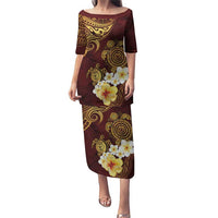 Polynesian Turtle Puletasi Plumeria Hibiscus Pattern Oxblood LT03 Long Dress Oxblood - Polynesian Pride