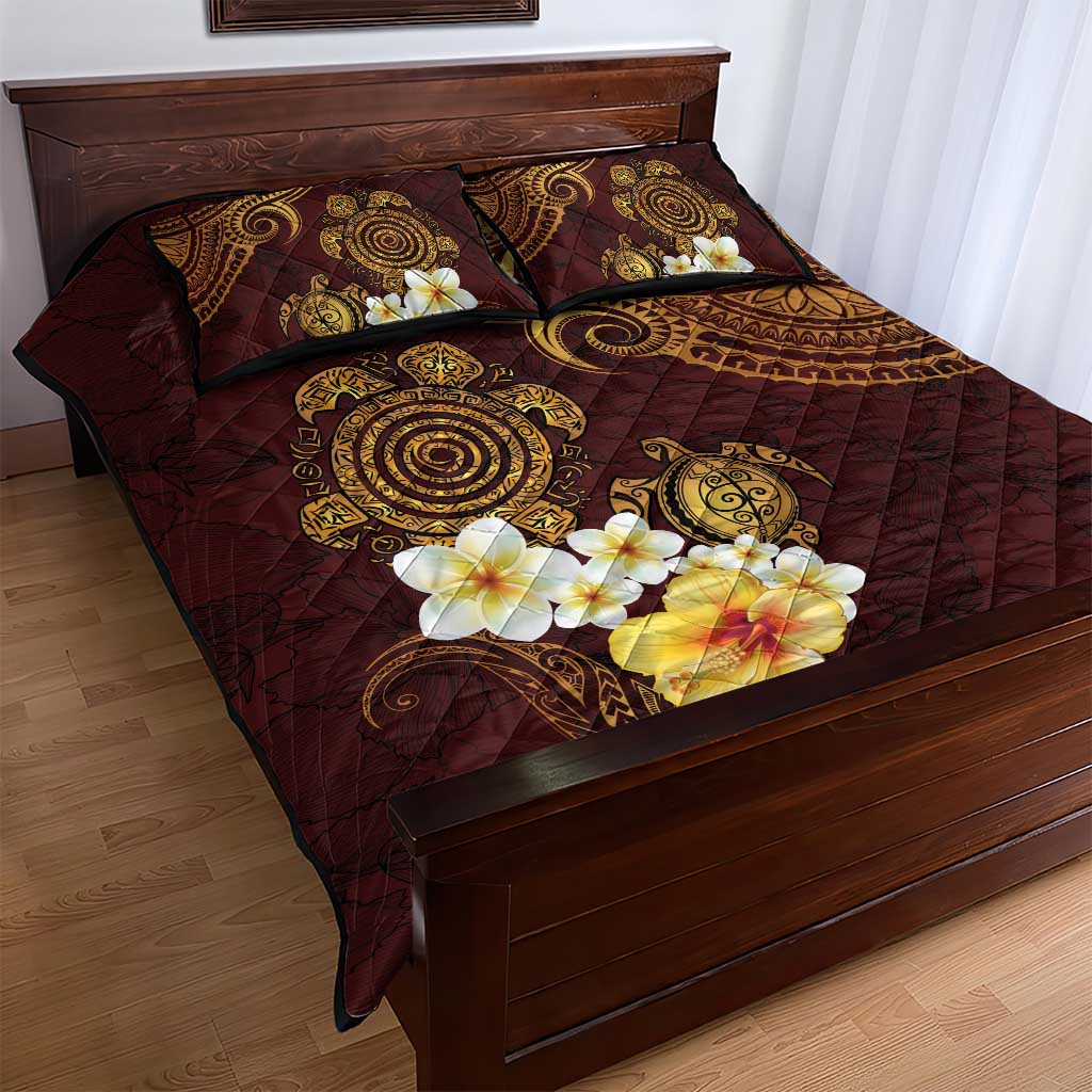 Polynesian Turtle Quilt Bed Set Plumeria Hibiscus Pattern Oxblood LT03 - Polynesian Pride