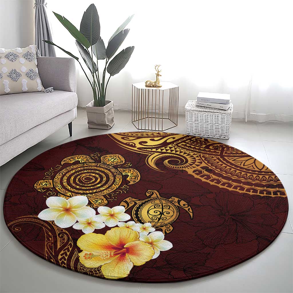 Polynesian Turtle Round Carpet Plumeria Hibiscus Pattern Oxblood LT03 - Polynesian Pride