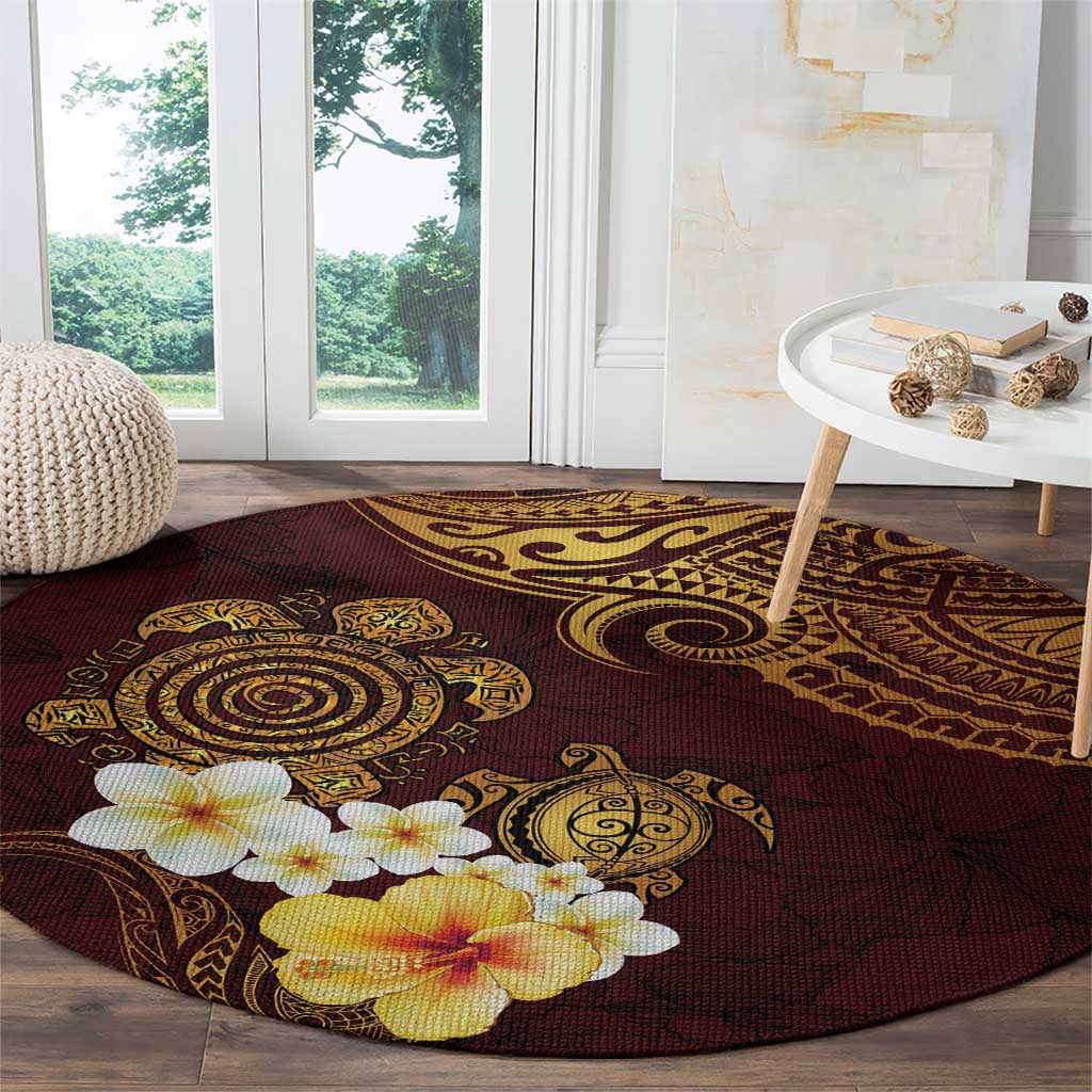 Polynesian Turtle Round Carpet Plumeria Hibiscus Pattern Oxblood LT03 - Polynesian Pride