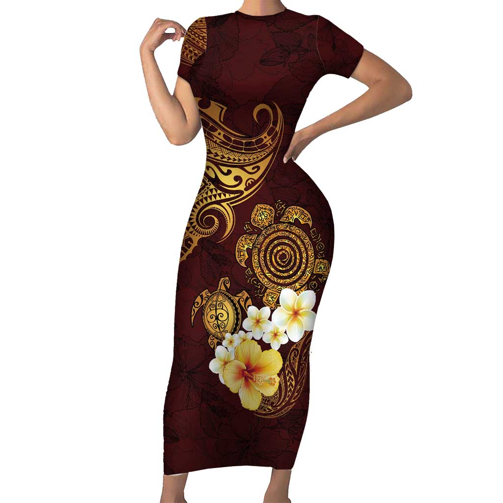 Polynesian Turtle Short Sleeve Bodycon Dress Plumeria Hibiscus Pattern Oxblood LT03 Long Dress Oxblood - Polynesian Pride