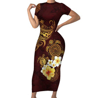 Polynesian Turtle Short Sleeve Bodycon Dress Plumeria Hibiscus Pattern Oxblood LT03 Long Dress Oxblood - Polynesian Pride