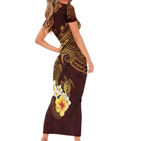 Polynesian Turtle Short Sleeve Bodycon Dress Plumeria Hibiscus Pattern Oxblood LT03 - Polynesian Pride