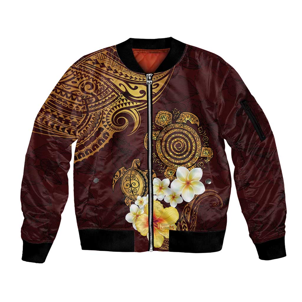 Polynesian Turtle Sleeve Zip Bomber Jacket Plumeria Hibiscus Pattern Oxblood LT03 Unisex Oxblood - Polynesian Pride