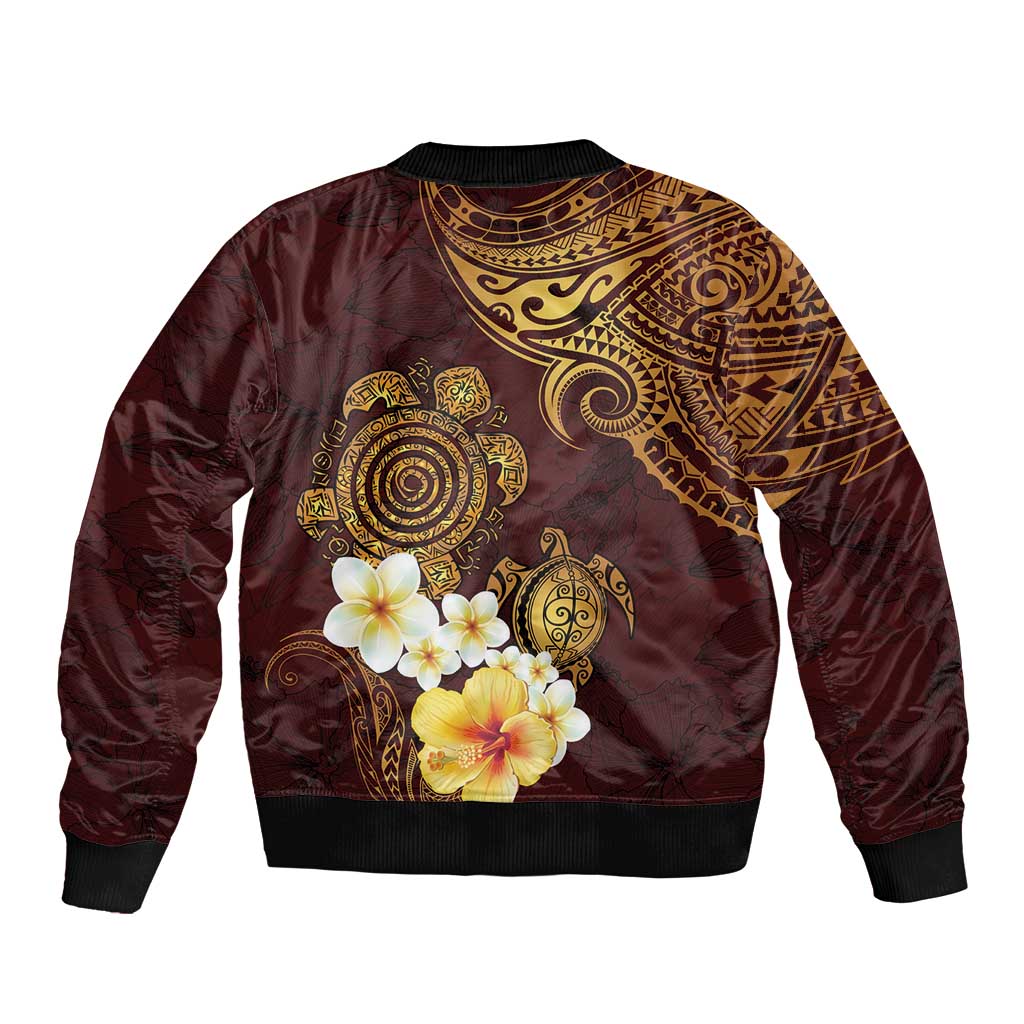 Polynesian Turtle Sleeve Zip Bomber Jacket Plumeria Hibiscus Pattern Oxblood LT03 - Polynesian Pride