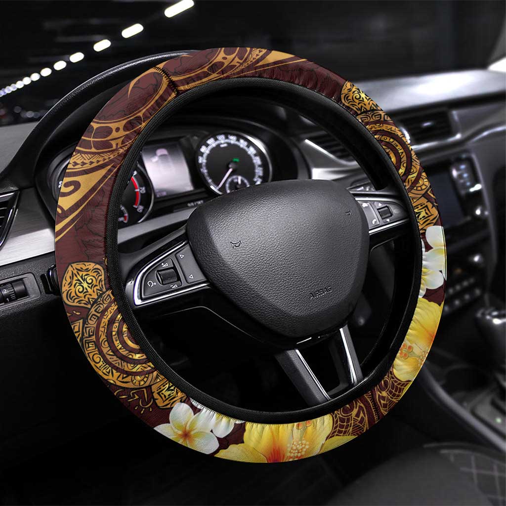 Polynesian Turtle Steering Wheel Cover Plumeria Hibiscus Pattern Oxblood