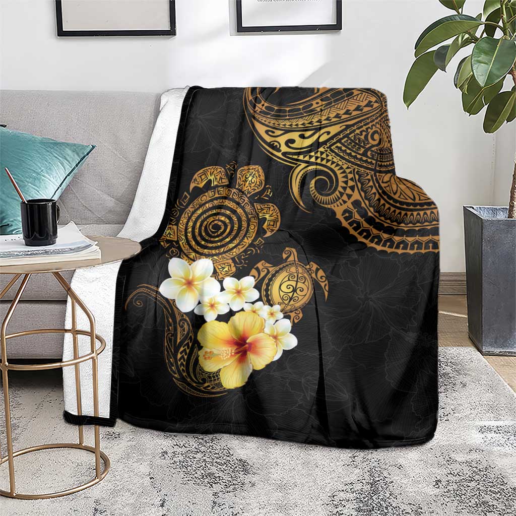 Polynesian Turtle Blanket Plumeria Hibiscus Pattern Black Color LT03 - Polynesian Pride