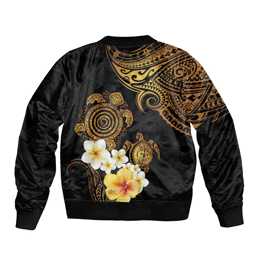 Polynesian Turtle Bomber Jacket Plumeria Hibiscus Pattern Black Color LT03 - Polynesian Pride