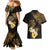 Polynesian Turtle Couples Matching Mermaid Dress and Hawaiian Shirt Plumeria Hibiscus Pattern Black Color