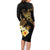 Polynesian Turtle Family Matching Long Sleeve Bodycon Dress and Hawaiian Shirt Plumeria Hibiscus Pattern Black Color