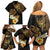 Polynesian Turtle Family Matching Off Shoulder Short Dress and Hawaiian Shirt Plumeria Hibiscus Pattern Black Color