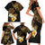 Polynesian Turtle Family Matching Short Sleeve Bodycon Dress and Hawaiian Shirt Plumeria Hibiscus Pattern Black Color