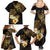 Polynesian Turtle Family Matching Summer Maxi Dress and Hawaiian Shirt Plumeria Hibiscus Pattern Black Color