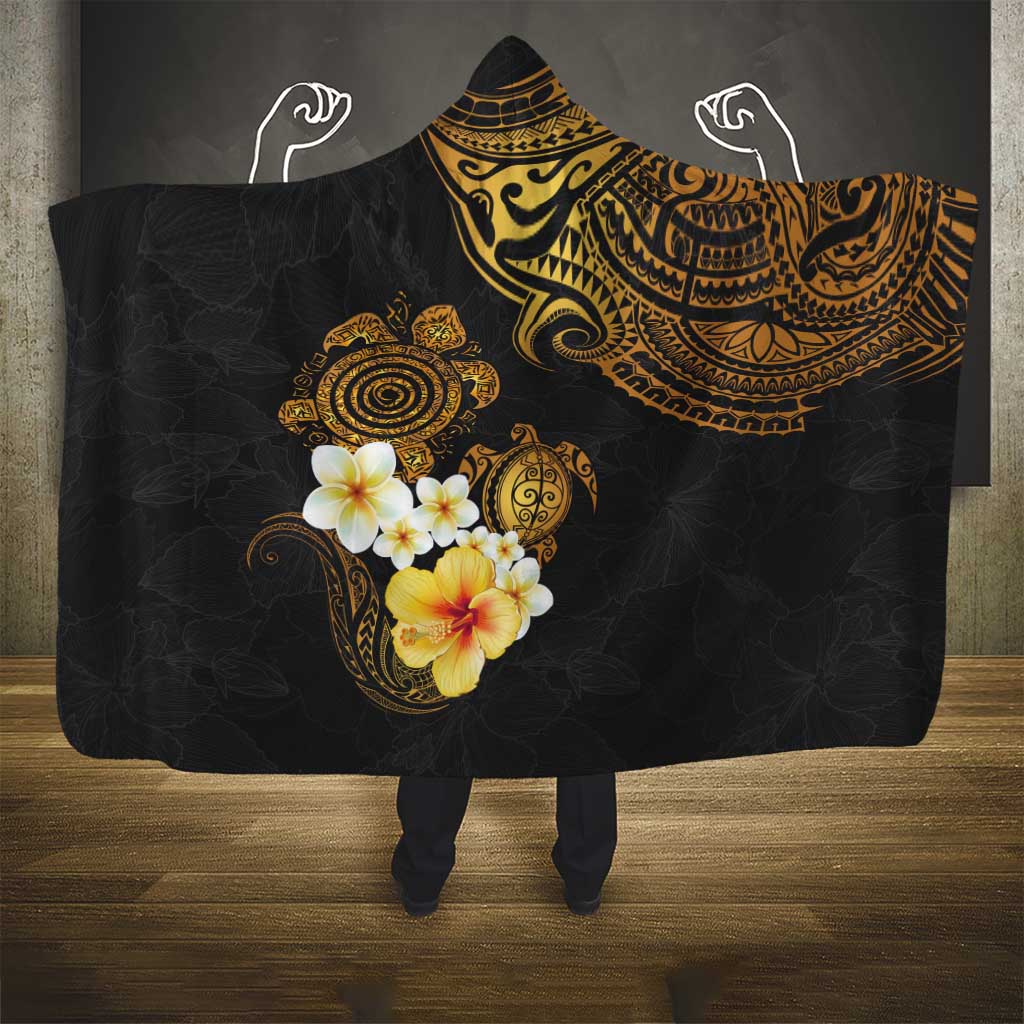 Polynesian Turtle Hooded Blanket Plumeria Hibiscus Pattern Black Color LT03 - Polynesian Pride