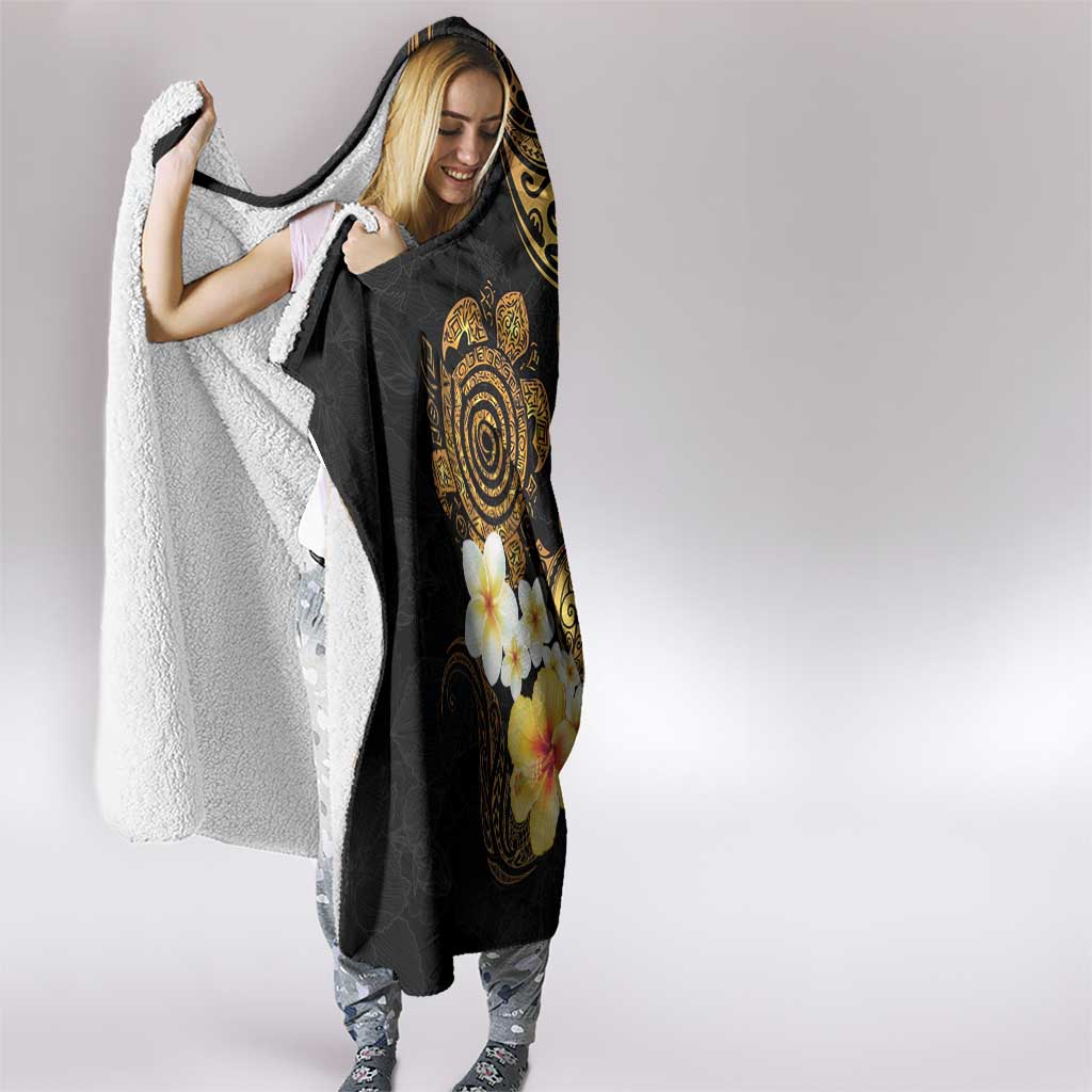 Polynesian Turtle Hooded Blanket Plumeria Hibiscus Pattern Black Color LT03 - Polynesian Pride