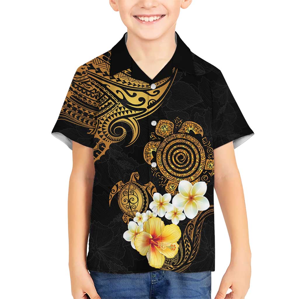 Polynesian Turtle Kid Hawaiian Shirt Plumeria Hibiscus Pattern Black Color LT03 Kid Black - Polynesian Pride